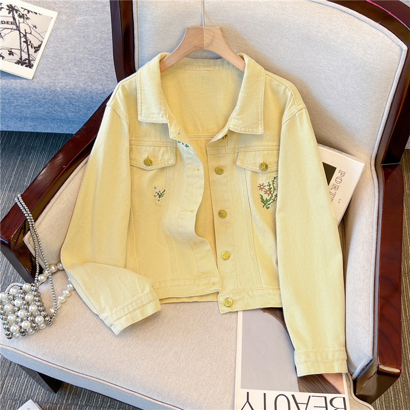 Embroidery Jeans - Giacca di Jeans Corta Gialla Vintage