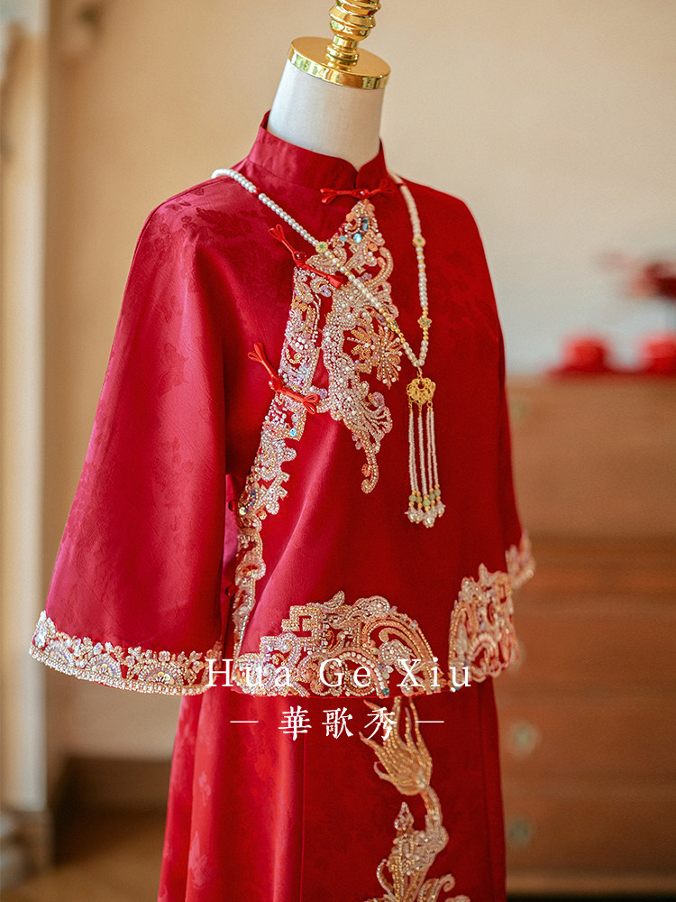 Embroidery Wedding - Abito da sposa cinese rosso Xiuhe,